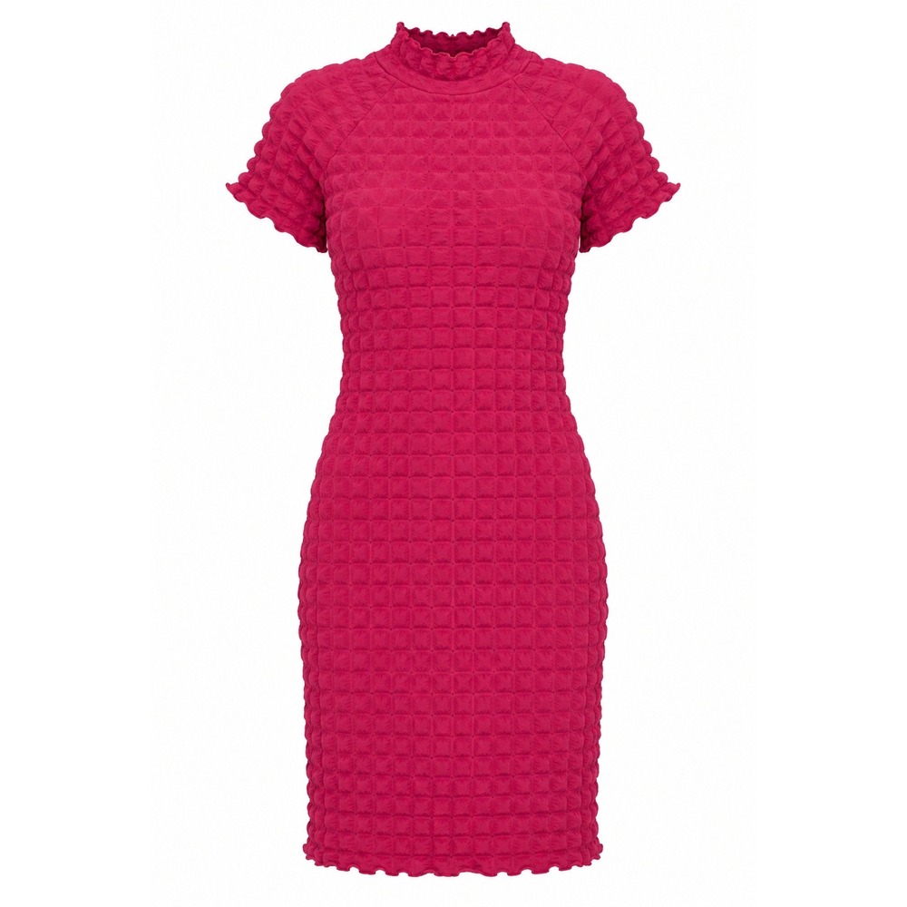 Y2K Pink Barbiecore Dopamine Retro Popcorn Mini Dress Mock Neck XL Stretch